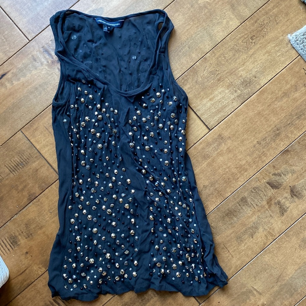 French connection size 4, top with rhinestones, dark gray 100% viscose/rayon